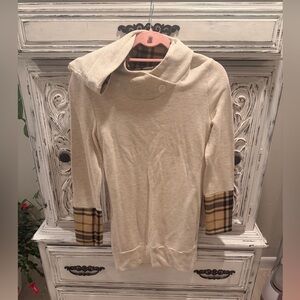 Women's Cream Hooded Sweater with Plaid Cuff Detail